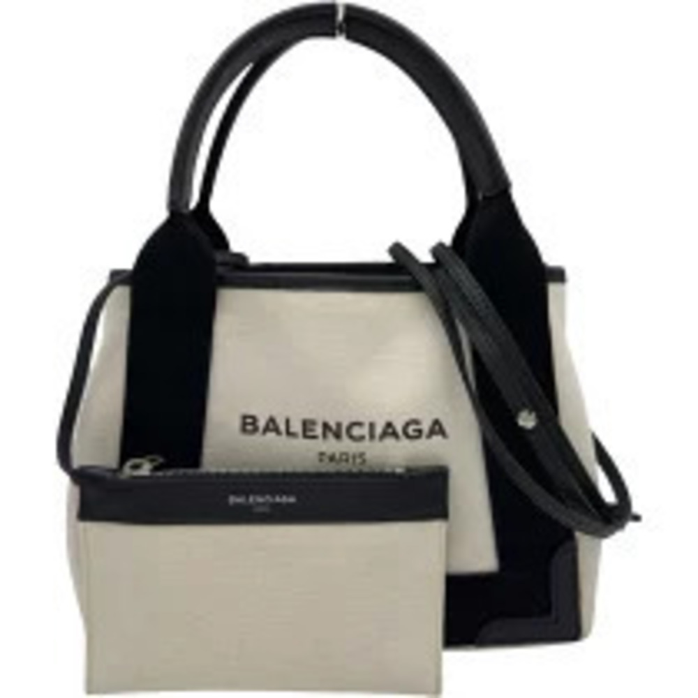 Balenciaga Navy Blue Cabas Black Ivory White Canvas Shoulder Bag